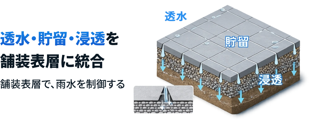 透水・貯留・浸透を舗装表層に統合 舗装表層で、雨水を制御する